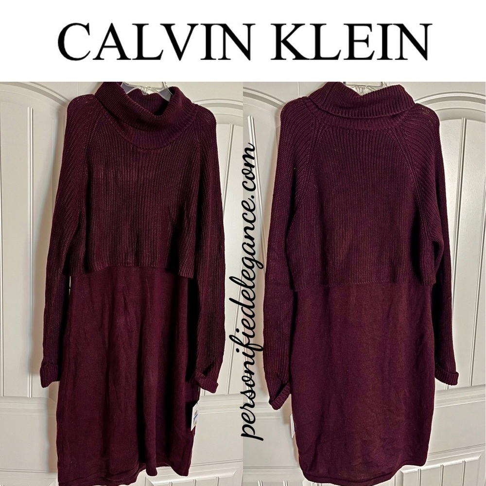 Calvin Klein Aubergine Cowl Neck Knit Sweater Dress Size XL